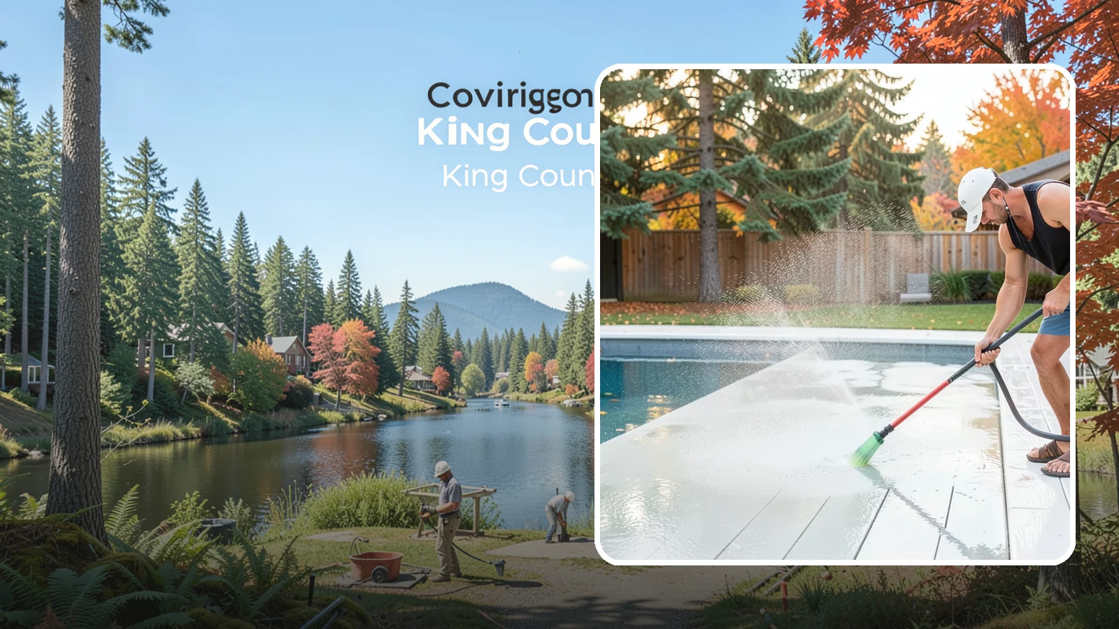 Pool Deck Cleaning in Covington, King County, WA - Clean pool decks and surrounds to remove the slick algae and moss that make wet Northwest decking hazardous.