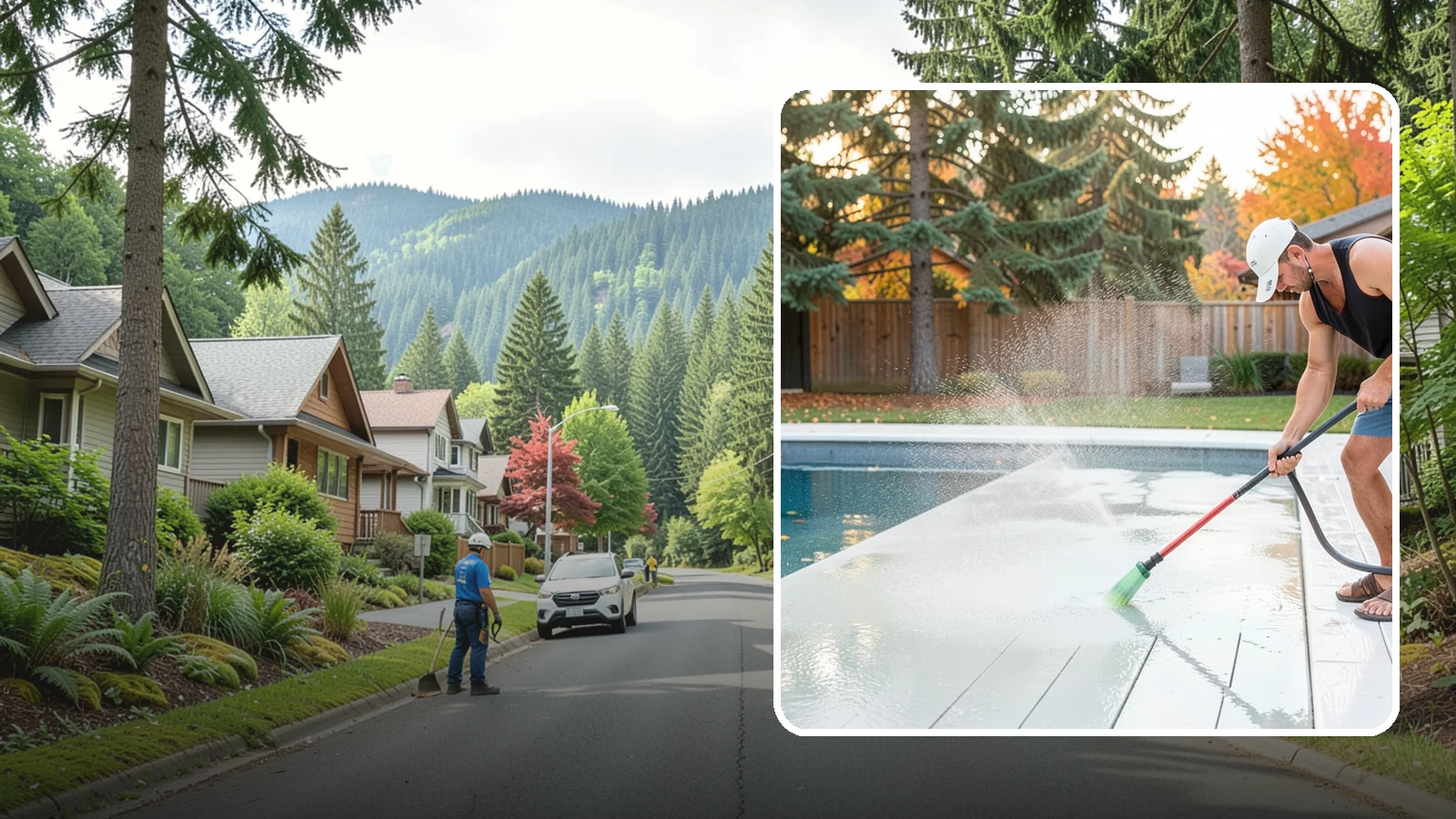 Pool Deck Cleaning in Darrington, Snohomish County, WA - Clean pool decks and surrounds to remove the slick algae and moss that make wet Northwest decking hazardous.