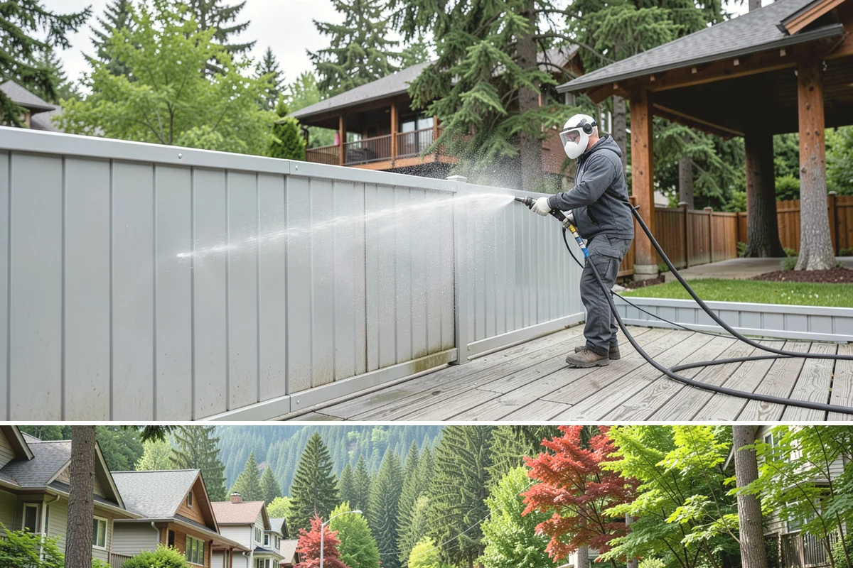 Pool Deck Cleaning in Darrington, Snohomish County, WA - Early summer clears the winter's growth and makes the deck safe just as pool season gets underway.