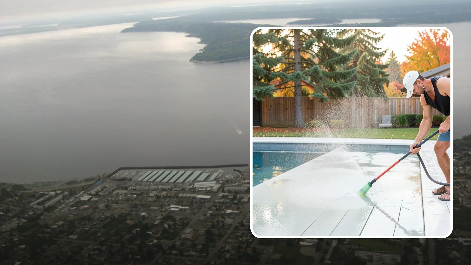 Pool Deck Cleaning in Des Moines, King County, WA - Clean pool decks and surrounds to remove the slick algae and moss that make wet Northwest decking hazardous.