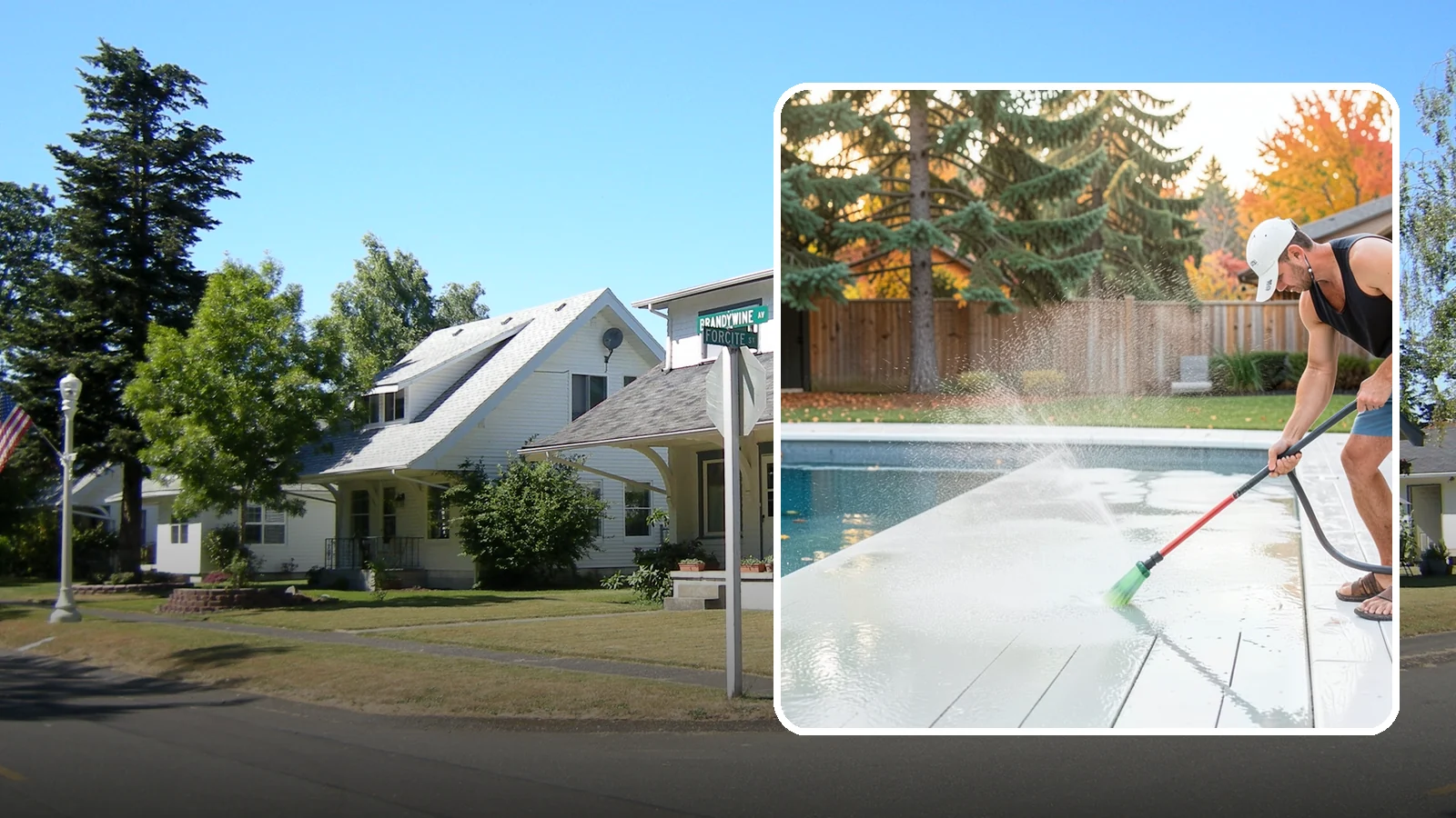 Pool Deck Cleaning in DuPont, Pierce County, WA - Clean pool decks and surrounds to remove the slick algae and moss that make wet Northwest decking hazardous.