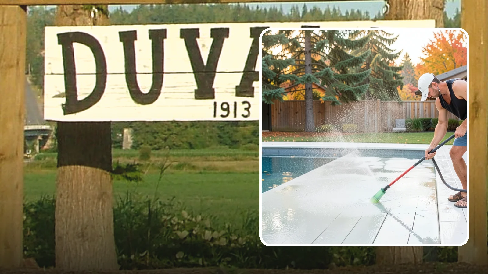 Pool Deck Cleaning in Duvall, King County, WA - Clean pool decks and surrounds to remove the slick algae and moss that make wet Northwest decking hazardous.