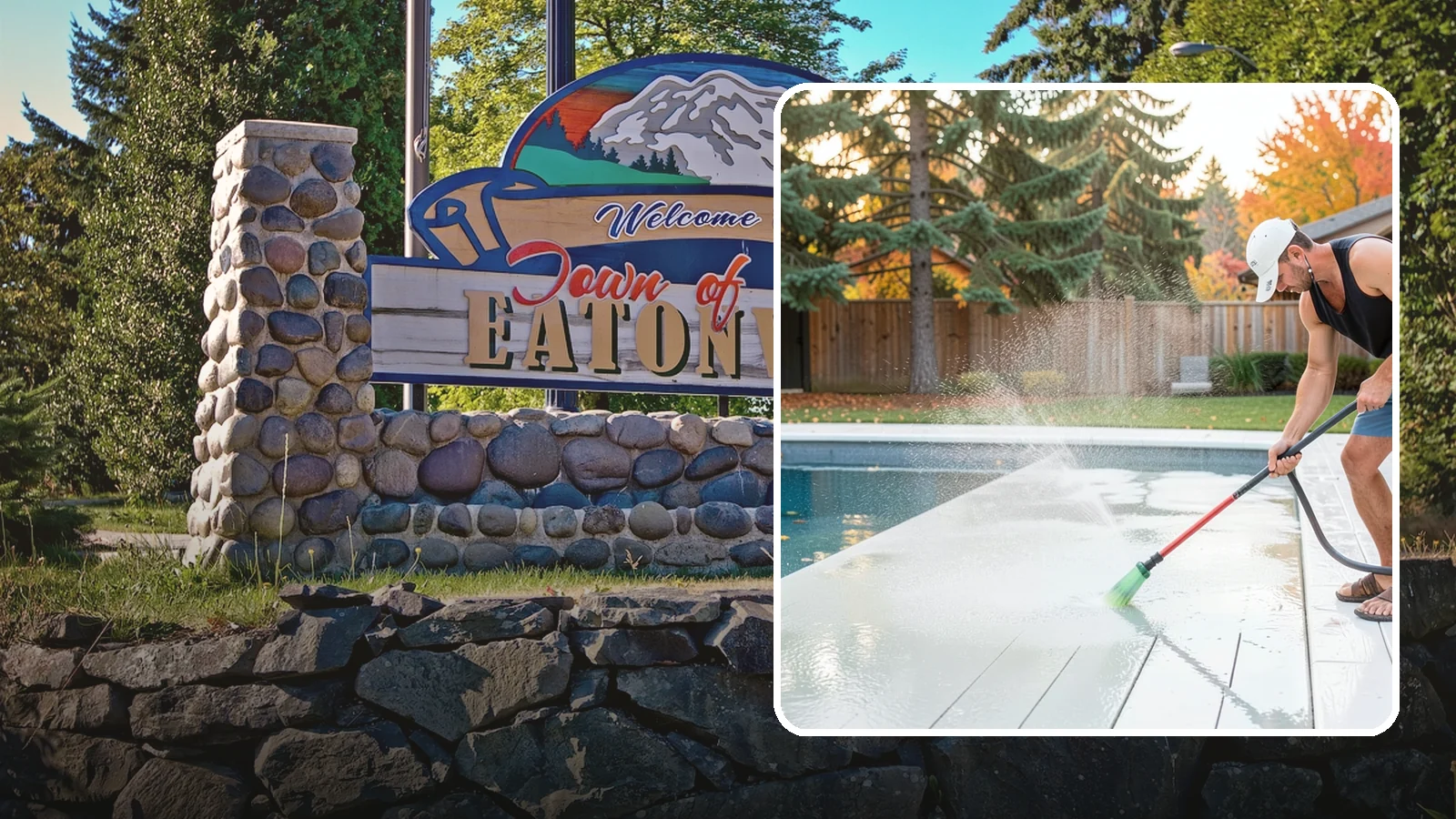 Pool Deck Cleaning in Eatonville, Pierce County, WA - Clean pool decks and surrounds to remove the slick algae and moss that make wet Northwest decking hazardous.