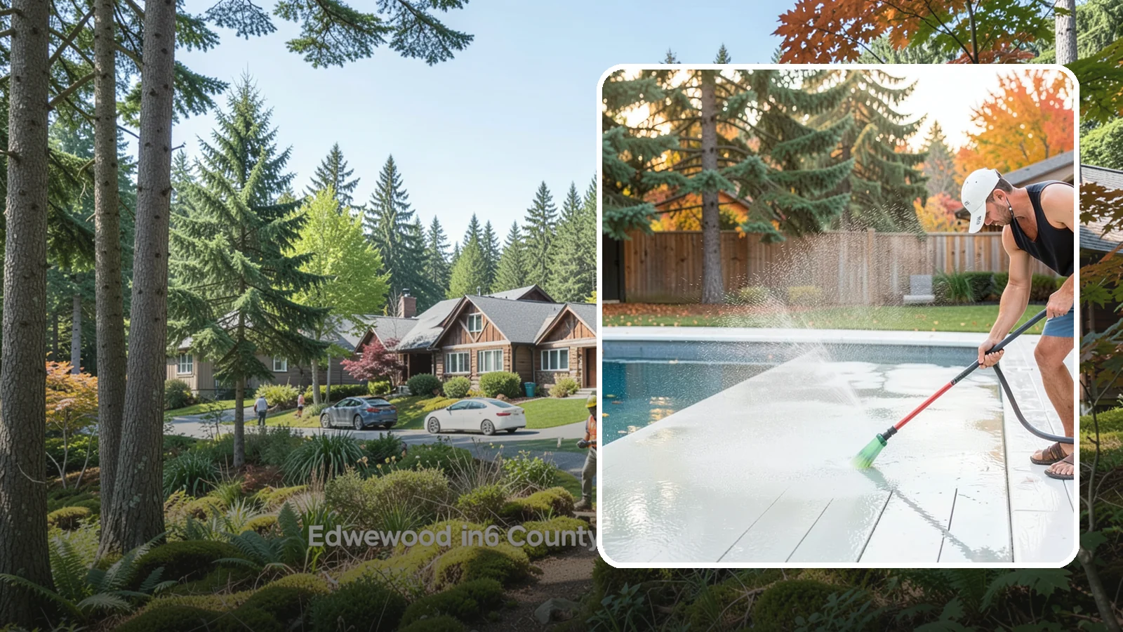 Pool Deck Cleaning in Edgewood, Pierce County, WA - Clean pool decks and surrounds to remove the slick algae and moss that make wet Northwest decking hazardous.