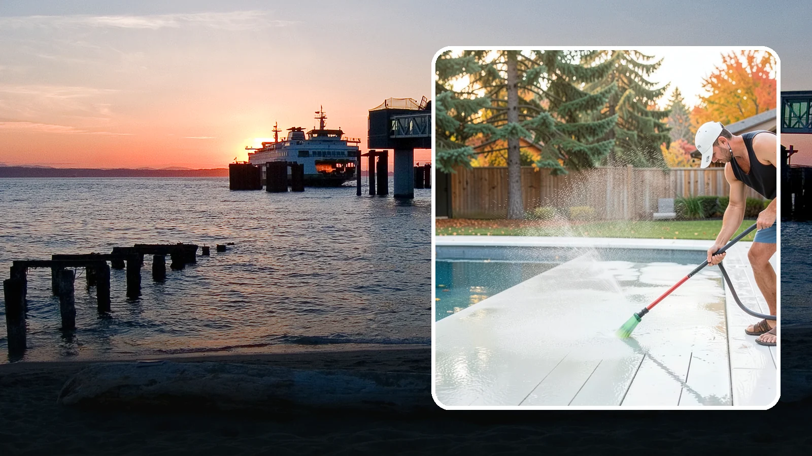Pool Deck Cleaning in Edmonds, Snohomish County, WA - Clean pool decks and surrounds to remove the slick algae and moss that make wet Northwest decking hazardous.