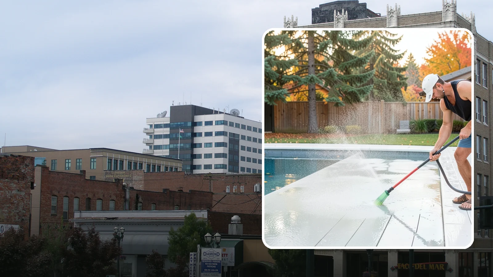 Pool Deck Cleaning in Everett, Snohomish County, WA - Clean pool decks and surrounds to remove the slick algae and moss that make wet Northwest decking hazardous.