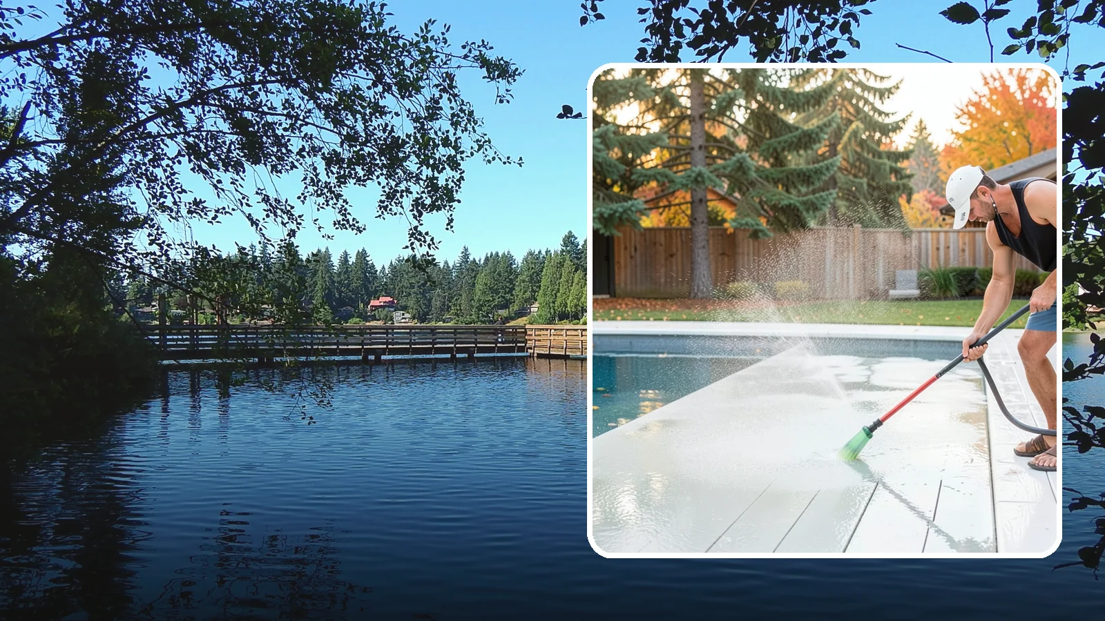 Pool Deck Cleaning in Federal Way, King County, WA - Clean pool decks and surrounds to remove the slick algae and moss that make wet Northwest decking hazardous.