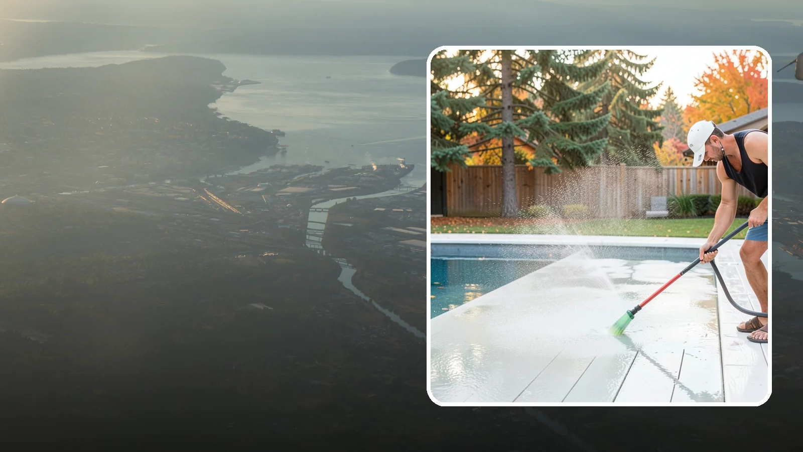 Pool Deck Cleaning in Fife, Pierce County, WA - Clean pool decks and surrounds to remove the slick algae and moss that make wet Northwest decking hazardous.