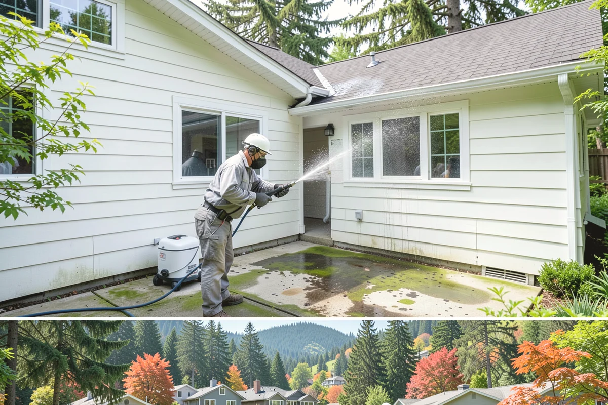 Pool Deck Cleaning in Fircrest, Pierce County, WA - Early summer clears the winter's growth and makes the deck safe just as pool season gets underway.