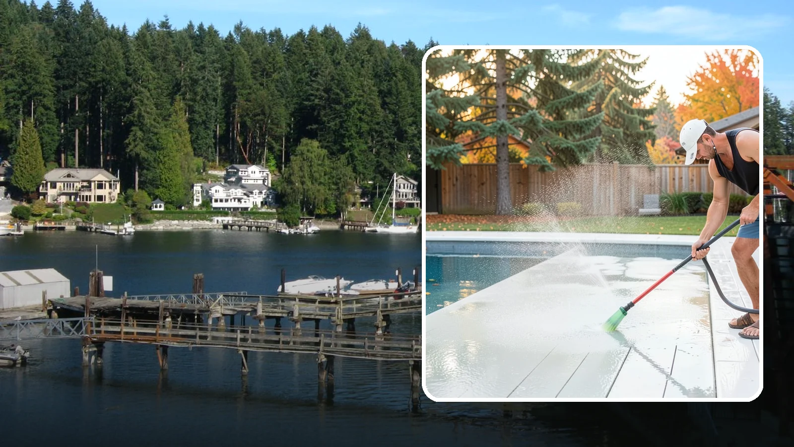 Pool Deck Cleaning in Gig Harbor, Pierce County, WA - Clean pool decks and surrounds to remove the slick algae and moss that make wet Northwest decking hazardous.