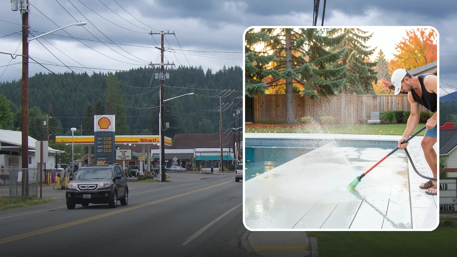Pool Deck Cleaning in Granite Falls, Snohomish County, WA - Clean pool decks and surrounds to remove the slick algae and moss that make wet Northwest decking hazardous.
