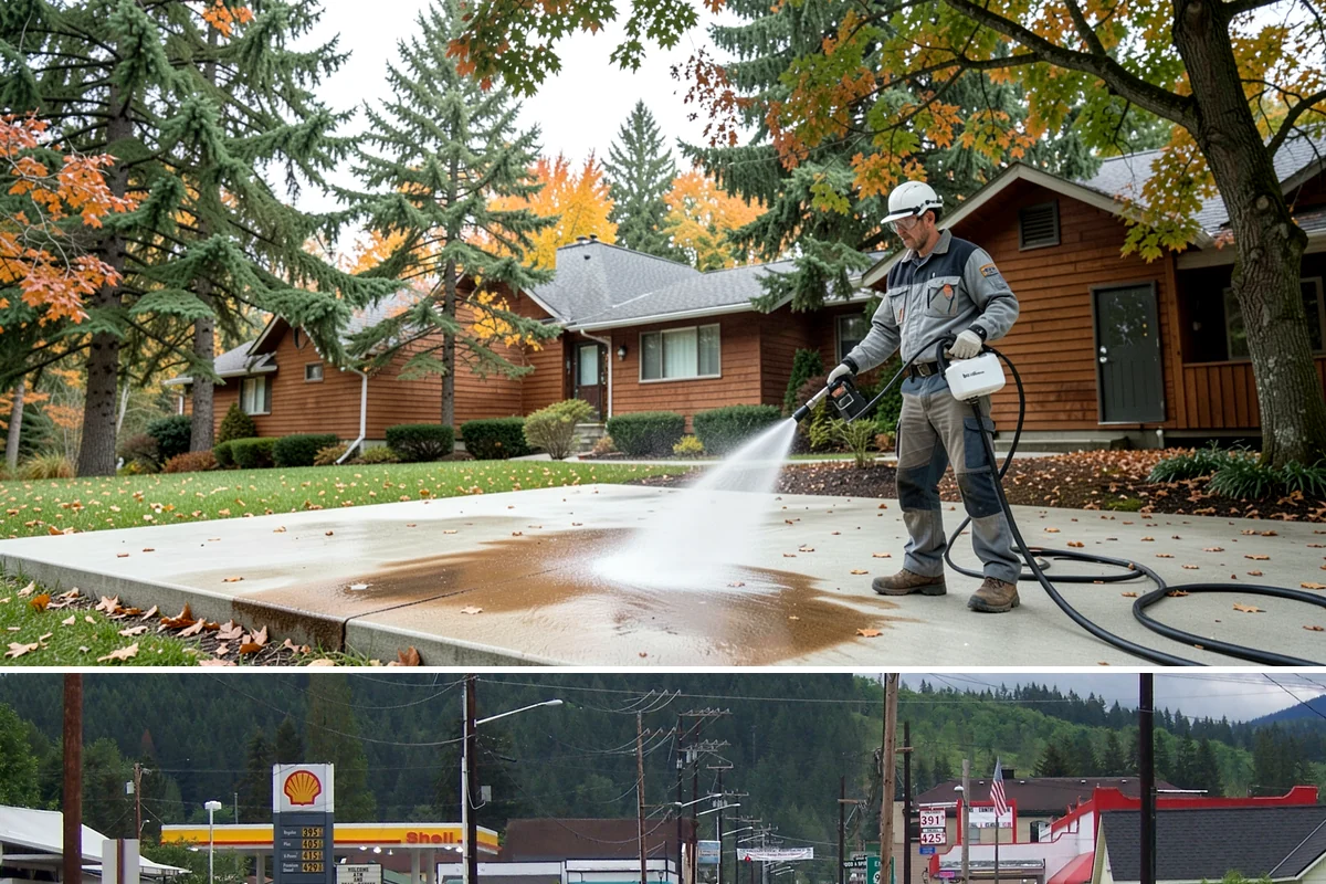 Pool Deck Cleaning in Granite Falls, Snohomish County, WA - Early summer clears the winter's growth and makes the deck safe just as pool season gets underway.