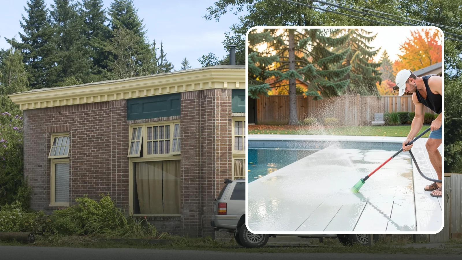 Pool Deck Cleaning in Hamilton, Skagit County, WA - Clean pool decks and surrounds to remove the slick algae and moss that make wet Northwest decking hazardous.