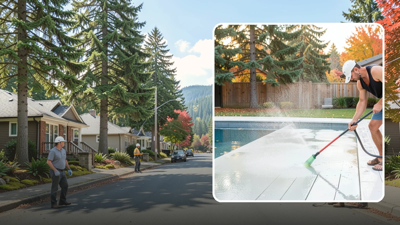 Pool Deck Cleaning in Hunts Point, King County, WA - Clean pool decks and surrounds to remove the slick algae and moss that make wet Northwest decking hazardous.