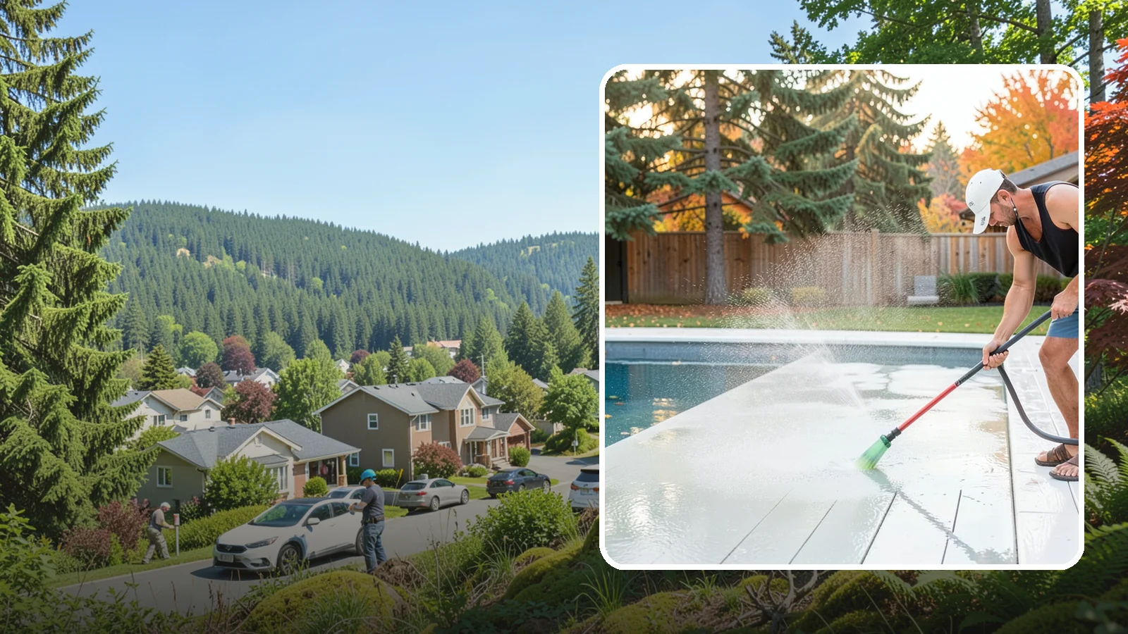 Pool Deck Cleaning in Index, Snohomish County, WA - Clean pool decks and surrounds to remove the slick algae and moss that make wet Northwest decking hazardous.