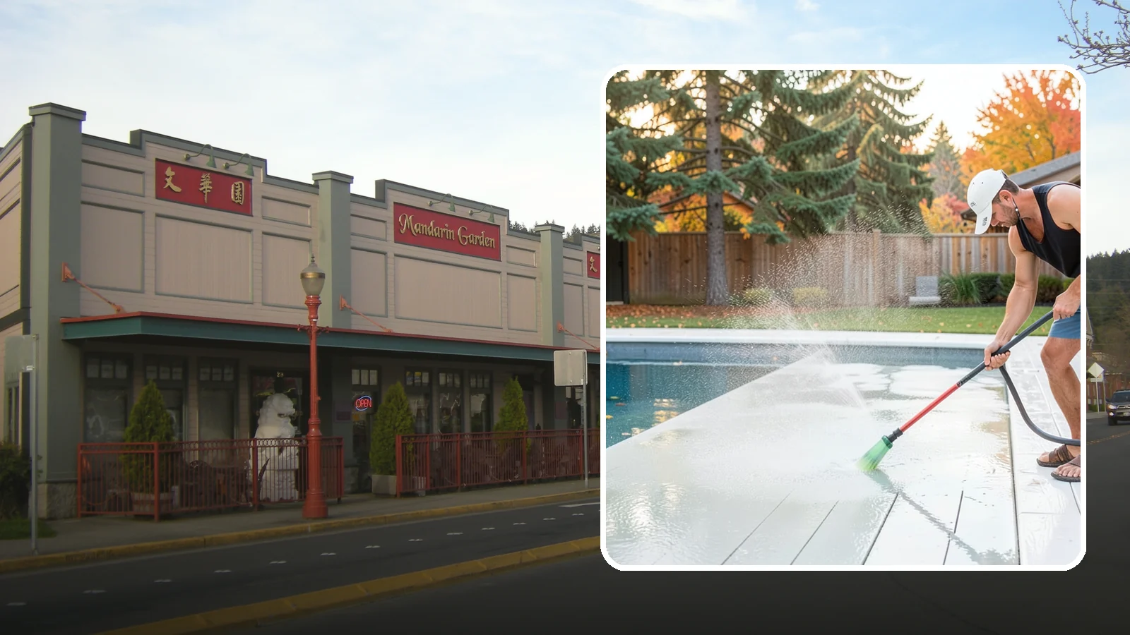Pool Deck Cleaning in Issaquah, King County, WA - Clean pool decks and surrounds to remove the slick algae and moss that make wet Northwest decking hazardous.