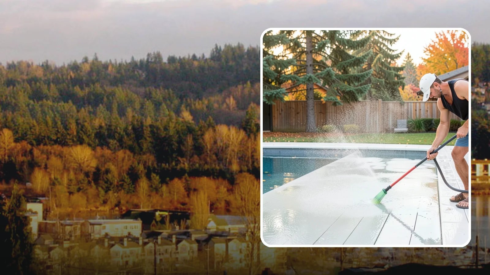 Pool Deck Cleaning in Kenmore, King County, WA - Clean pool decks and surrounds to remove the slick algae and moss that make wet Northwest decking hazardous.