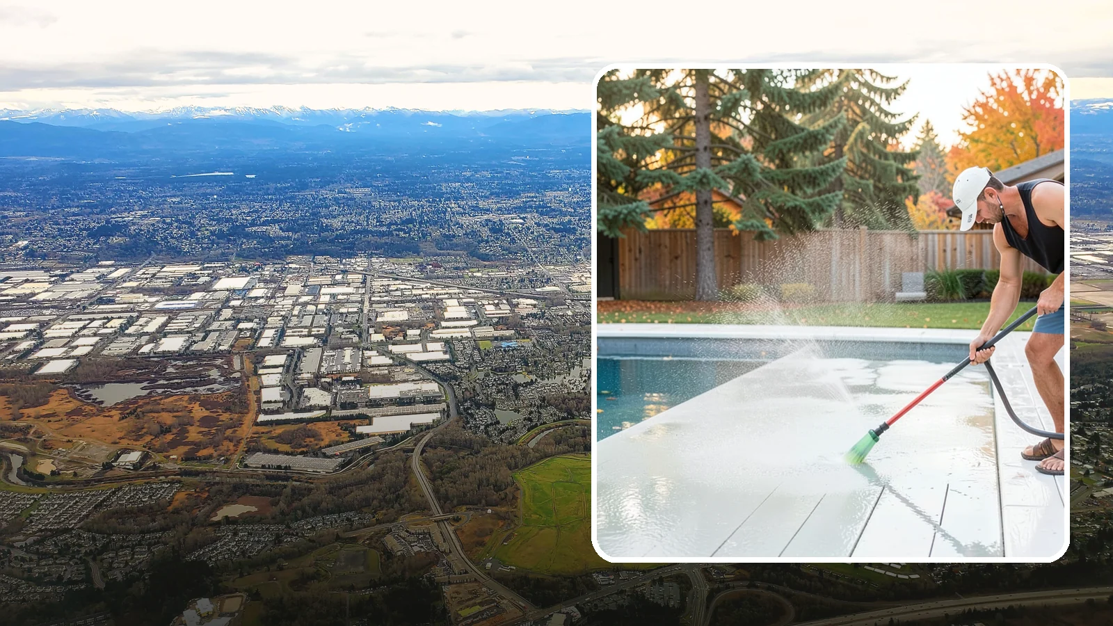 Pool Deck Cleaning in Kent, King County, WA - Clean pool decks and surrounds to remove the slick algae and moss that make wet Northwest decking hazardous.