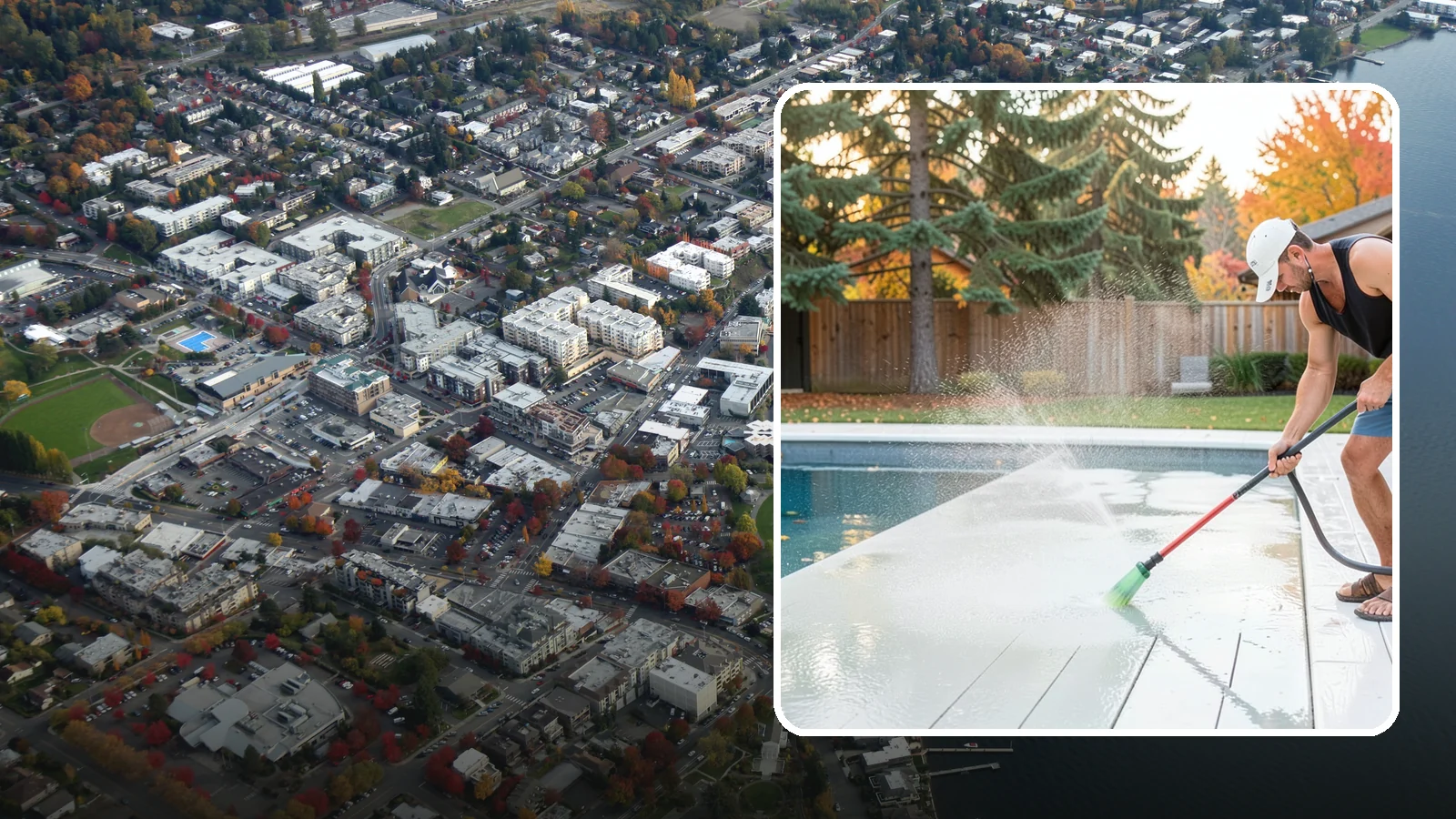 Pool Deck Cleaning in Kirkland, King County, WA - Clean pool decks and surrounds to remove the slick algae and moss that make wet Northwest decking hazardous.