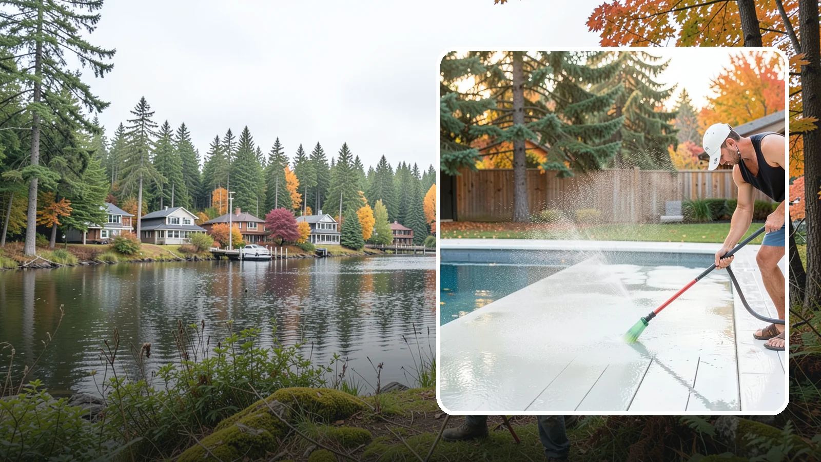 Pool Deck Cleaning in La Conner, Skagit County, WA - Clean pool decks and surrounds to remove the slick algae and moss that make wet Northwest decking hazardous.