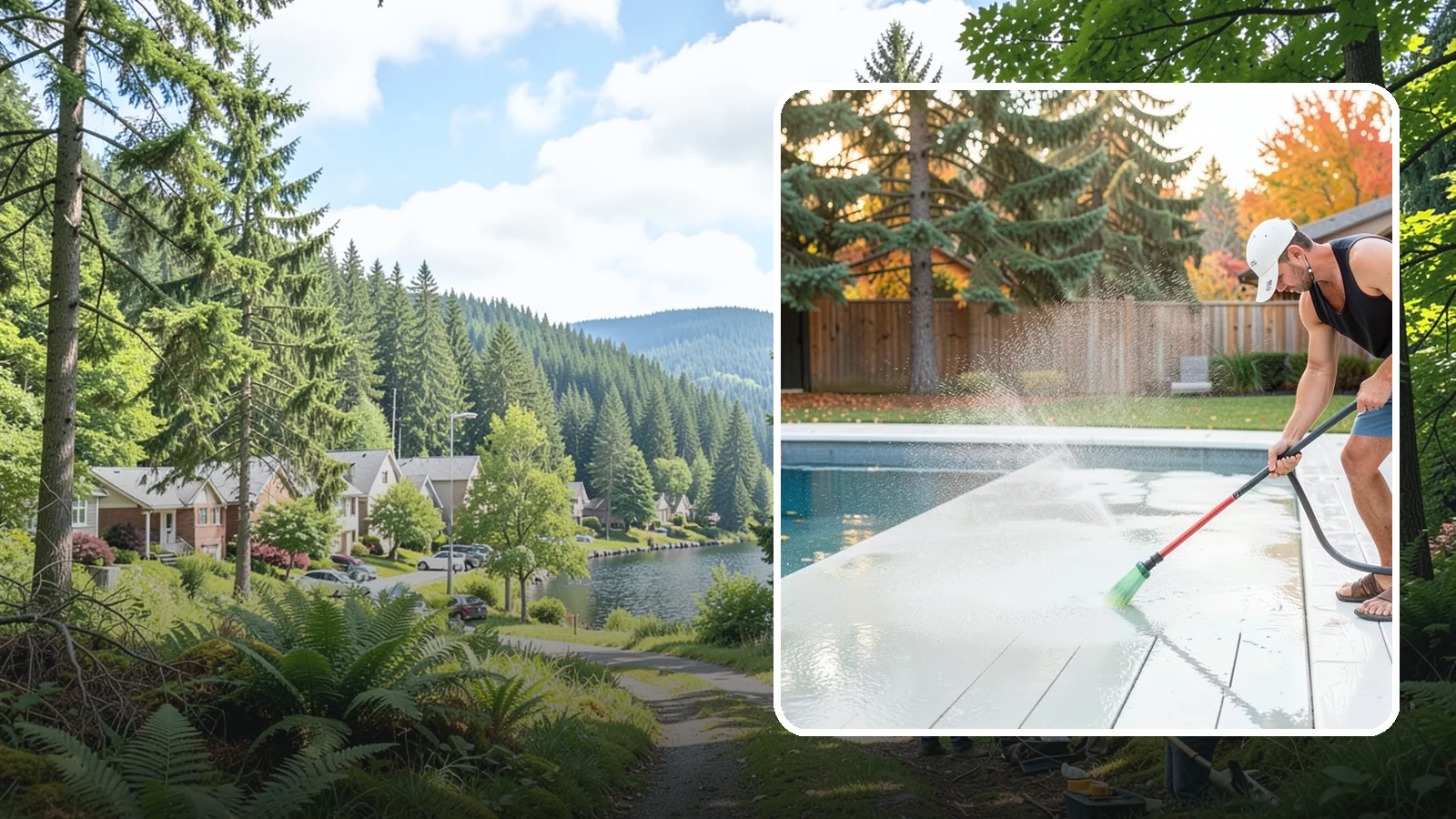 Pool Deck Cleaning in Lake Forest Park, King County, WA - Clean pool decks and surrounds to remove the slick algae and moss that make wet Northwest decking hazardous.