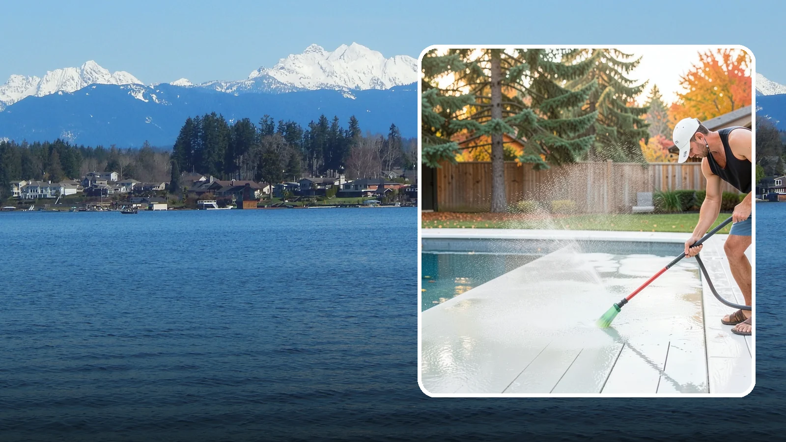 Pool Deck Cleaning in Lake Stevens, Snohomish County, WA - Clean pool decks and surrounds to remove the slick algae and moss that make wet Northwest decking hazardous.
