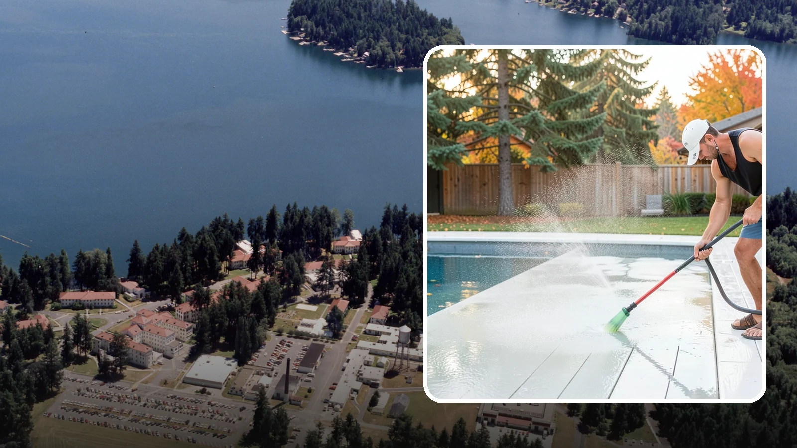 Pool Deck Cleaning in Lakewood, Pierce County, WA - Clean pool decks and surrounds to remove the slick algae and moss that make wet Northwest decking hazardous.