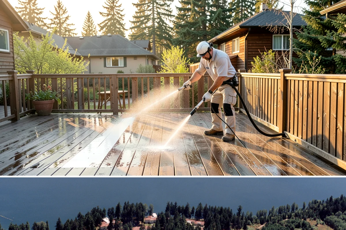 Pool Deck Cleaning in Lakewood, Pierce County, WA - Early summer clears the winter's growth and makes the deck safe just as pool season gets underway.