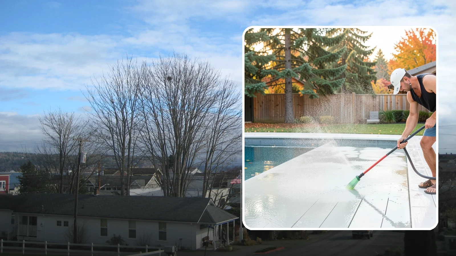 Pool Deck Cleaning in Langley, Island County, WA - Clean pool decks and surrounds to remove the slick algae and moss that make wet Northwest decking hazardous.