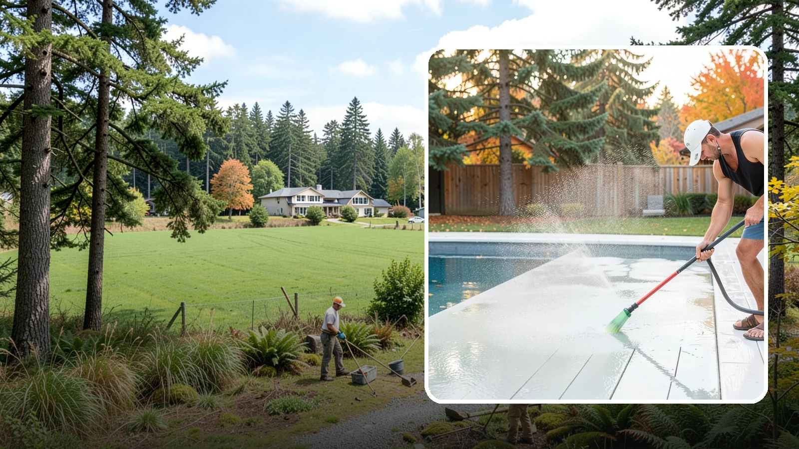 Pool Deck Cleaning in Lyman, Skagit County, WA - Clean pool decks and surrounds to remove the slick algae and moss that make wet Northwest decking hazardous.