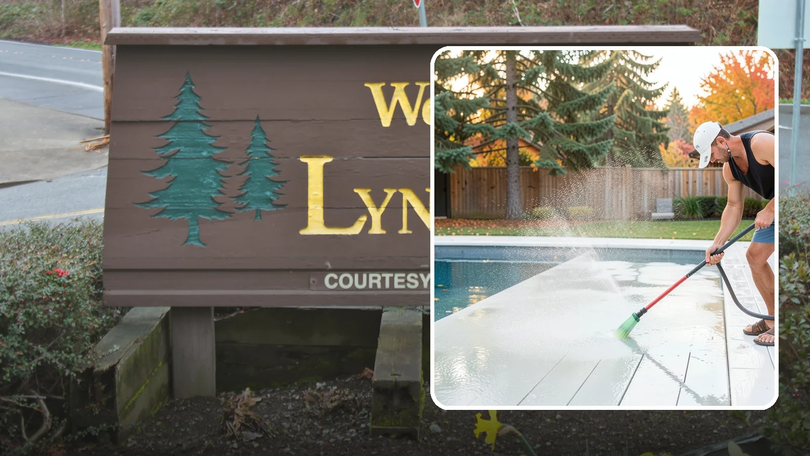 Pool Deck Cleaning in Lynnwood, Snohomish County, WA - Clean pool decks and surrounds to remove the slick algae and moss that make wet Northwest decking hazardous.