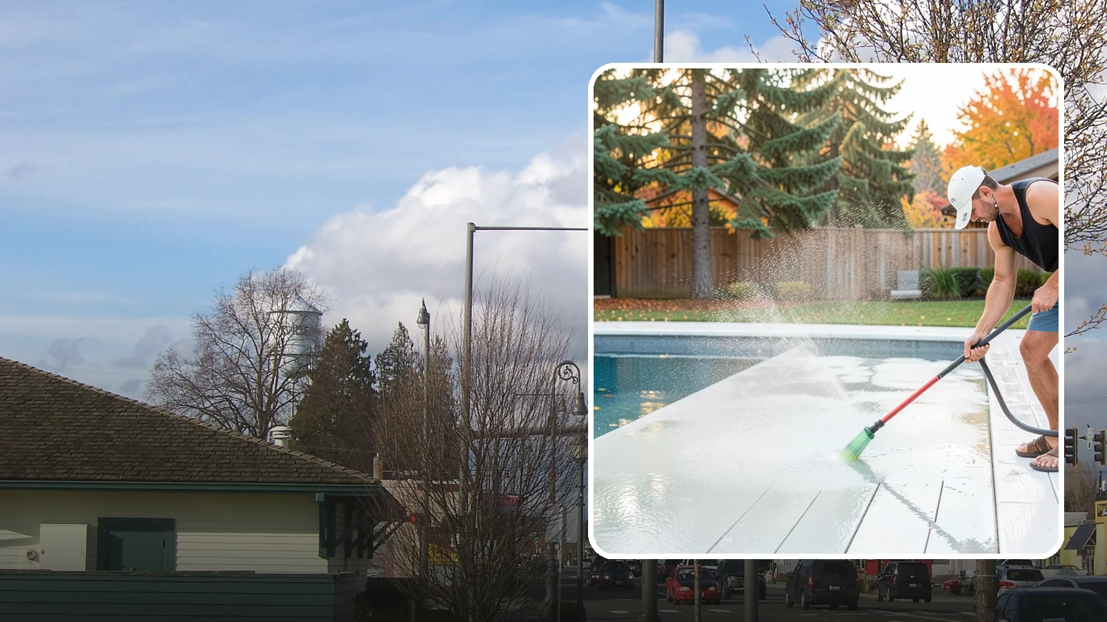 Pool Deck Cleaning in Marysville, Snohomish County, WA - Clean pool decks and surrounds to remove the slick algae and moss that make wet Northwest decking hazardous.