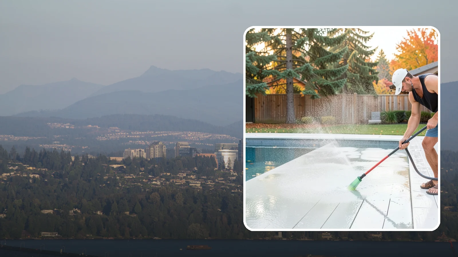 Pool Deck Cleaning in Medina, King County, WA - Clean pool decks and surrounds to remove the slick algae and moss that make wet Northwest decking hazardous.