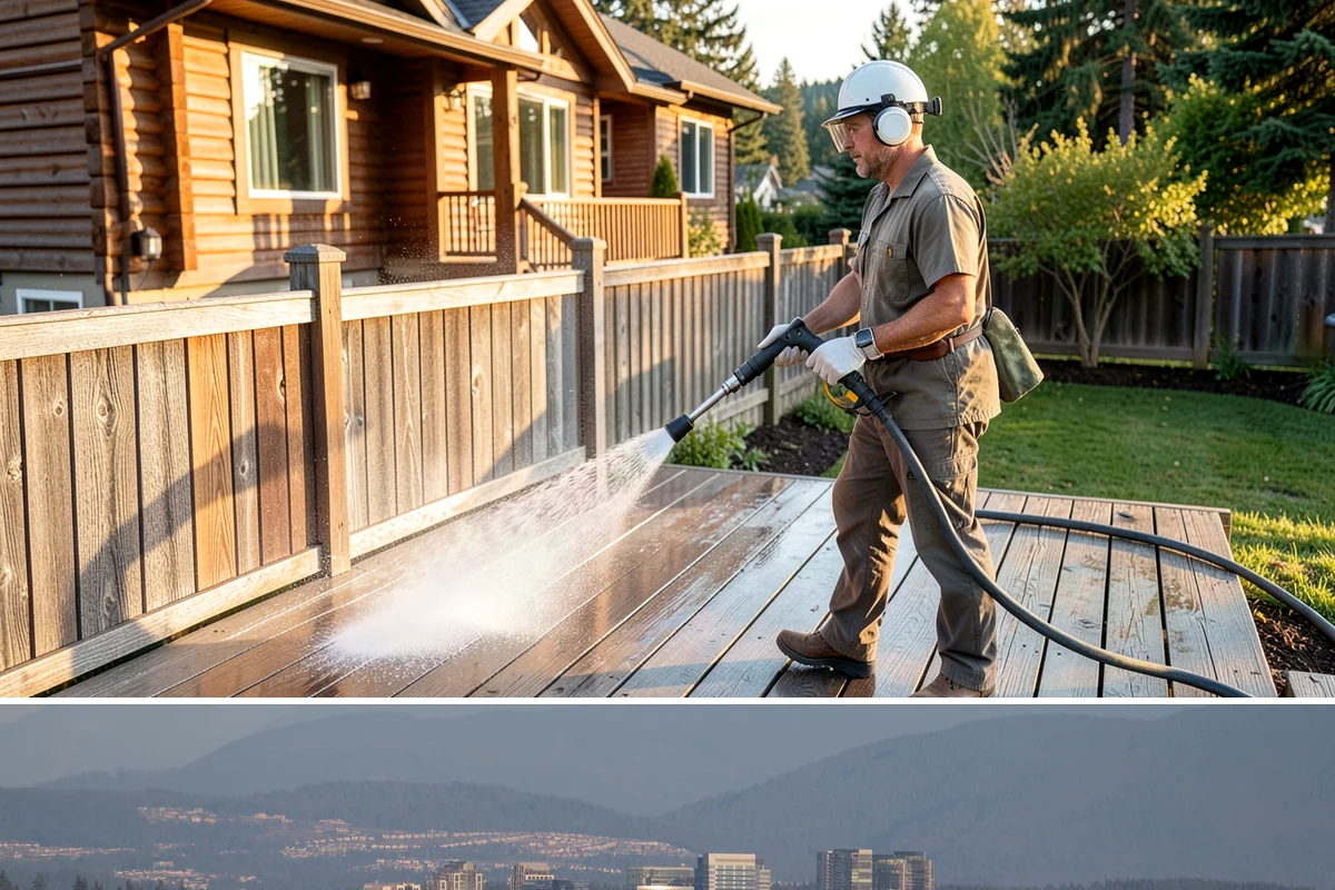 Pool Deck Cleaning in Medina, King County, WA - Early summer clears the winter's growth and makes the deck safe just as pool season gets underway.