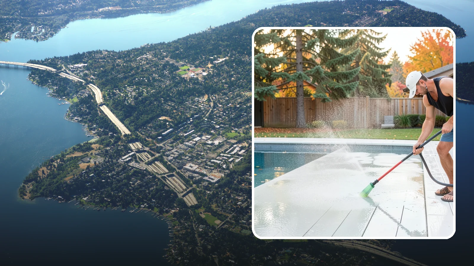 Pool Deck Cleaning in Mercer Island, King County, WA - Clean pool decks and surrounds to remove the slick algae and moss that make wet Northwest decking hazardous.