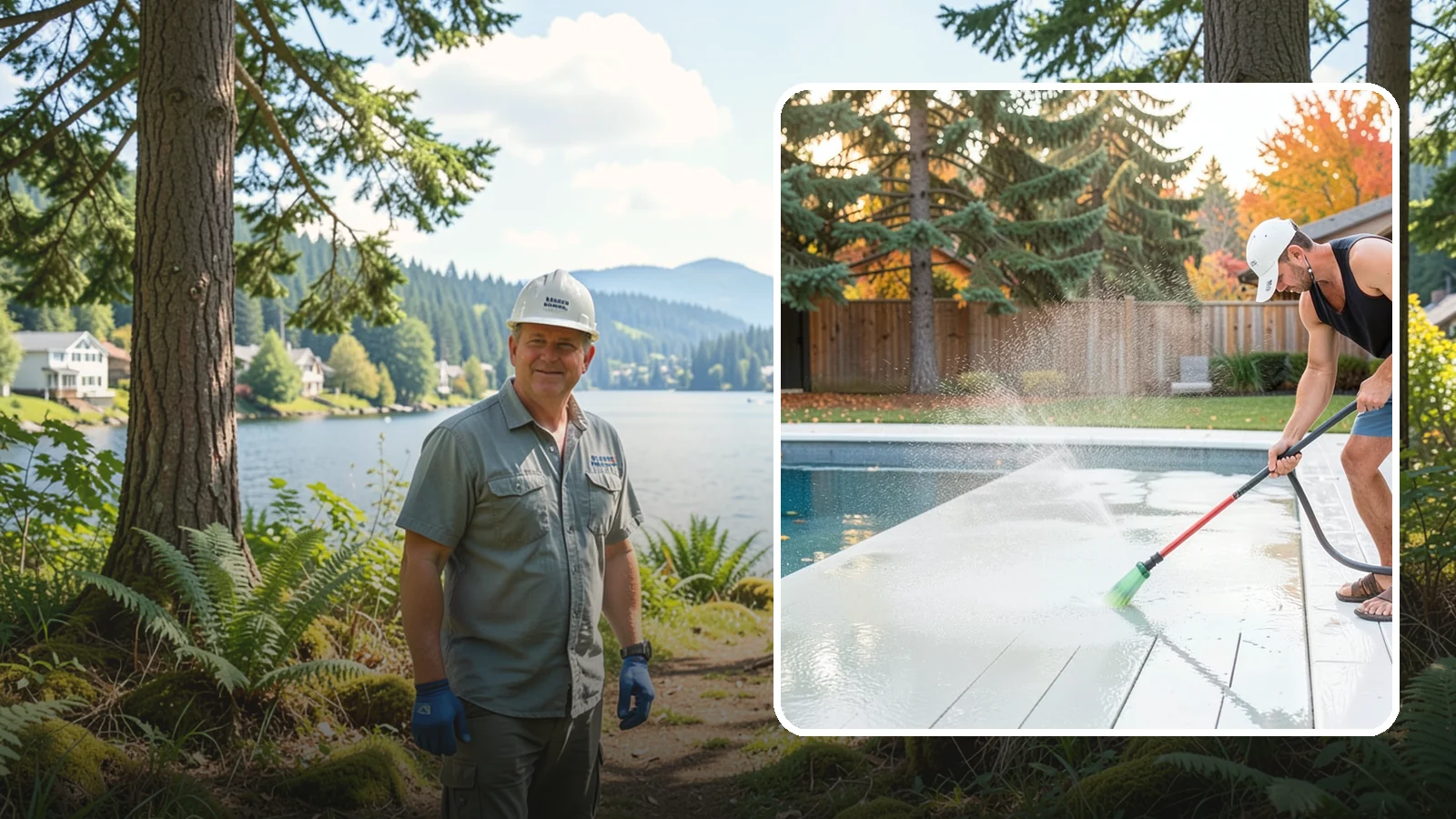 Pool Deck Cleaning in Milton, King County, WA - Clean pool decks and surrounds to remove the slick algae and moss that make wet Northwest decking hazardous.