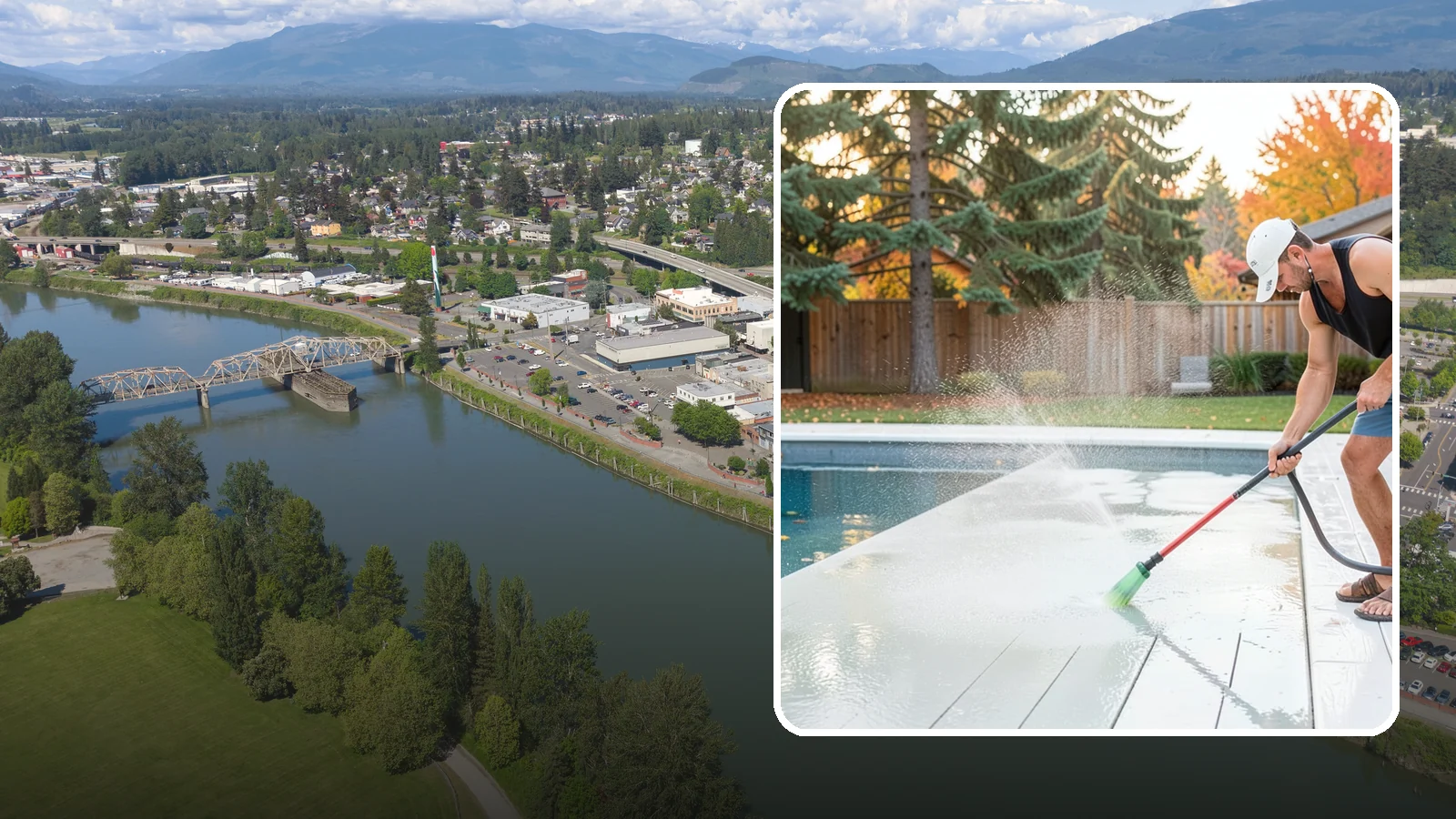 Pool Deck Cleaning in Mount Vernon, Skagit County, WA - Clean pool decks and surrounds to remove the slick algae and moss that make wet Northwest decking hazardous.