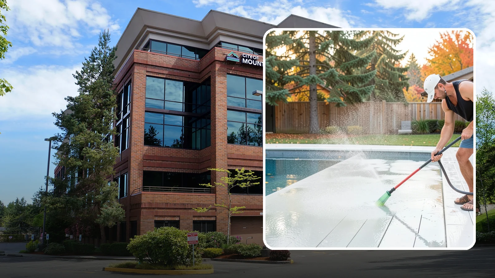 Pool Deck Cleaning in Mountlake Terrace, Snohomish County, WA - Clean pool decks and surrounds to remove the slick algae and moss that make wet Northwest decking hazardous.