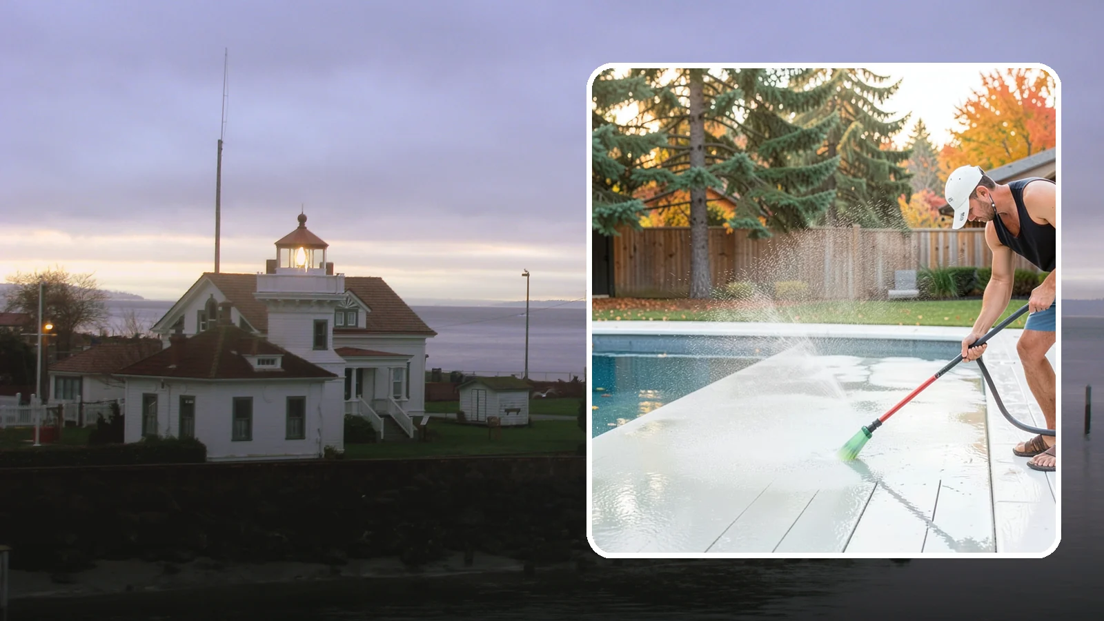 Pool Deck Cleaning in Mukilteo, Snohomish County, WA - Clean pool decks and surrounds to remove the slick algae and moss that make wet Northwest decking hazardous.