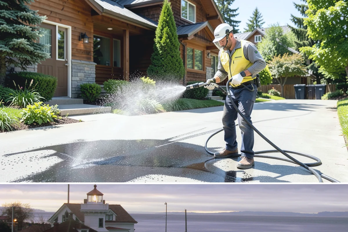 Pool Deck Cleaning in Mukilteo, Snohomish County, WA - Early summer clears the winter's growth and makes the deck safe just as pool season gets underway.