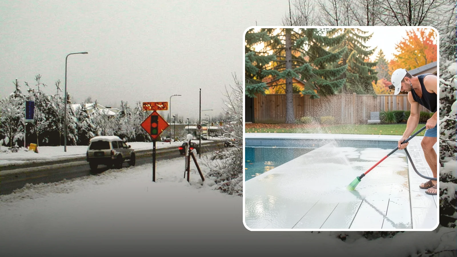 Pool Deck Cleaning in Newcastle, King County, WA - Clean pool decks and surrounds to remove the slick algae and moss that make wet Northwest decking hazardous.