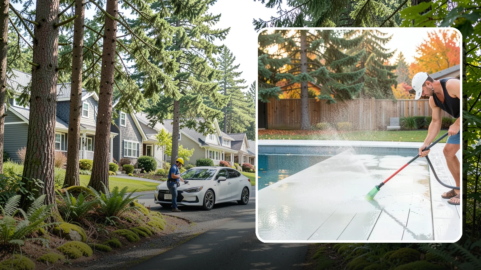 Pool Deck Cleaning in Normandy Park, King County, WA - Clean pool decks and surrounds to remove the slick algae and moss that make wet Northwest decking hazardous.