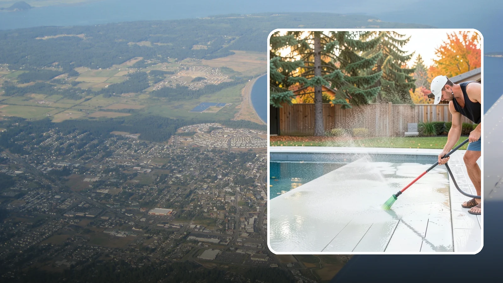 Pool Deck Cleaning in Oak Harbor, Island County, WA - Clean pool decks and surrounds to remove the slick algae and moss that make wet Northwest decking hazardous.