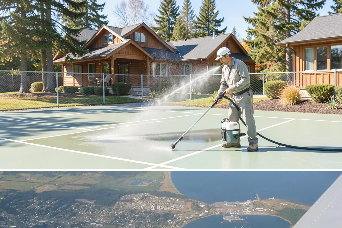 Pool Deck Cleaning in Oak Harbor, Island County, WA - Early summer clears the winter's growth and makes the deck safe just as pool season gets underway.