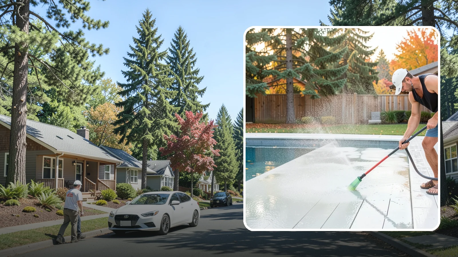 Pool Deck Cleaning in Orting, Pierce County, WA - Clean pool decks and surrounds to remove the slick algae and moss that make wet Northwest decking hazardous.