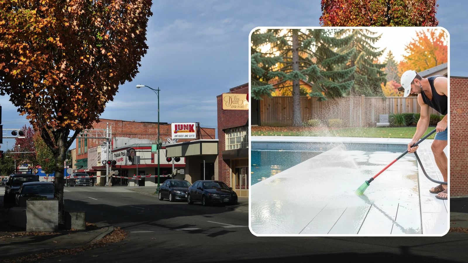 Pool Deck Cleaning in Puyallup, Pierce County, WA - Clean pool decks and surrounds to remove the slick algae and moss that make wet Northwest decking hazardous.
