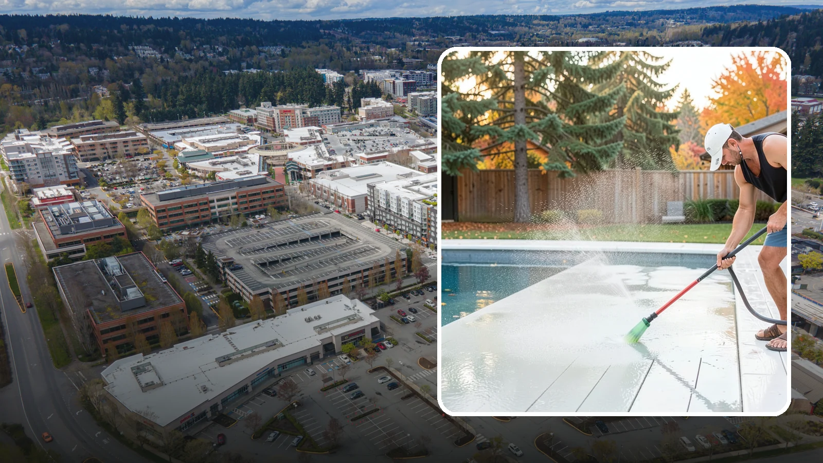 Pool Deck Cleaning in Redmond, King County, WA - Clean pool decks and surrounds to remove the slick algae and moss that make wet Northwest decking hazardous.