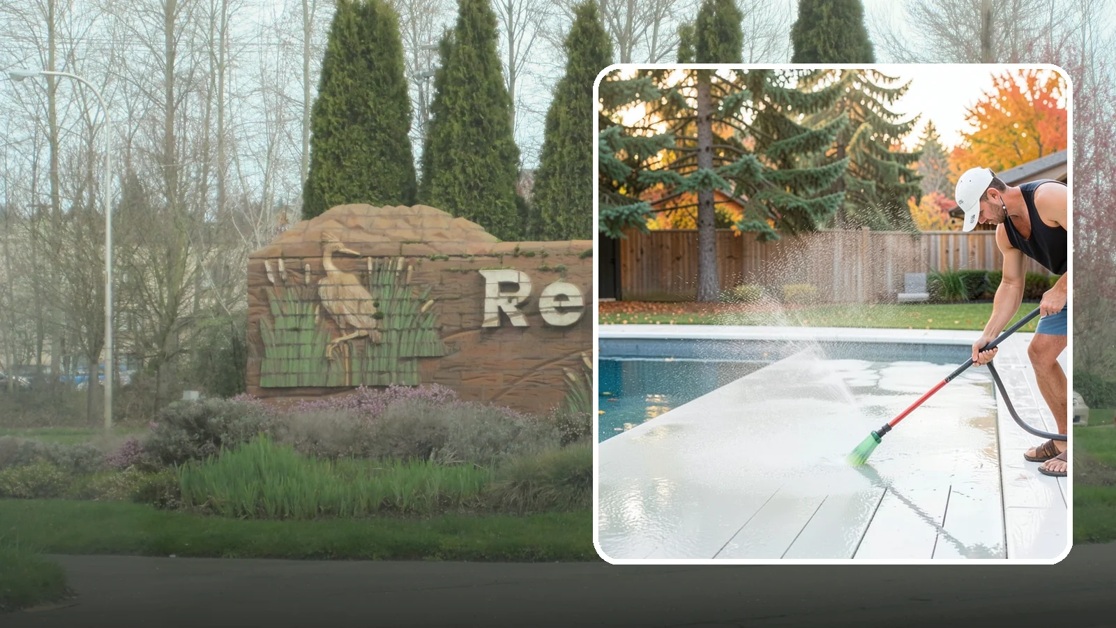 Pool Deck Cleaning in Renton, King County, WA - Clean pool decks and surrounds to remove the slick algae and moss that make wet Northwest decking hazardous.