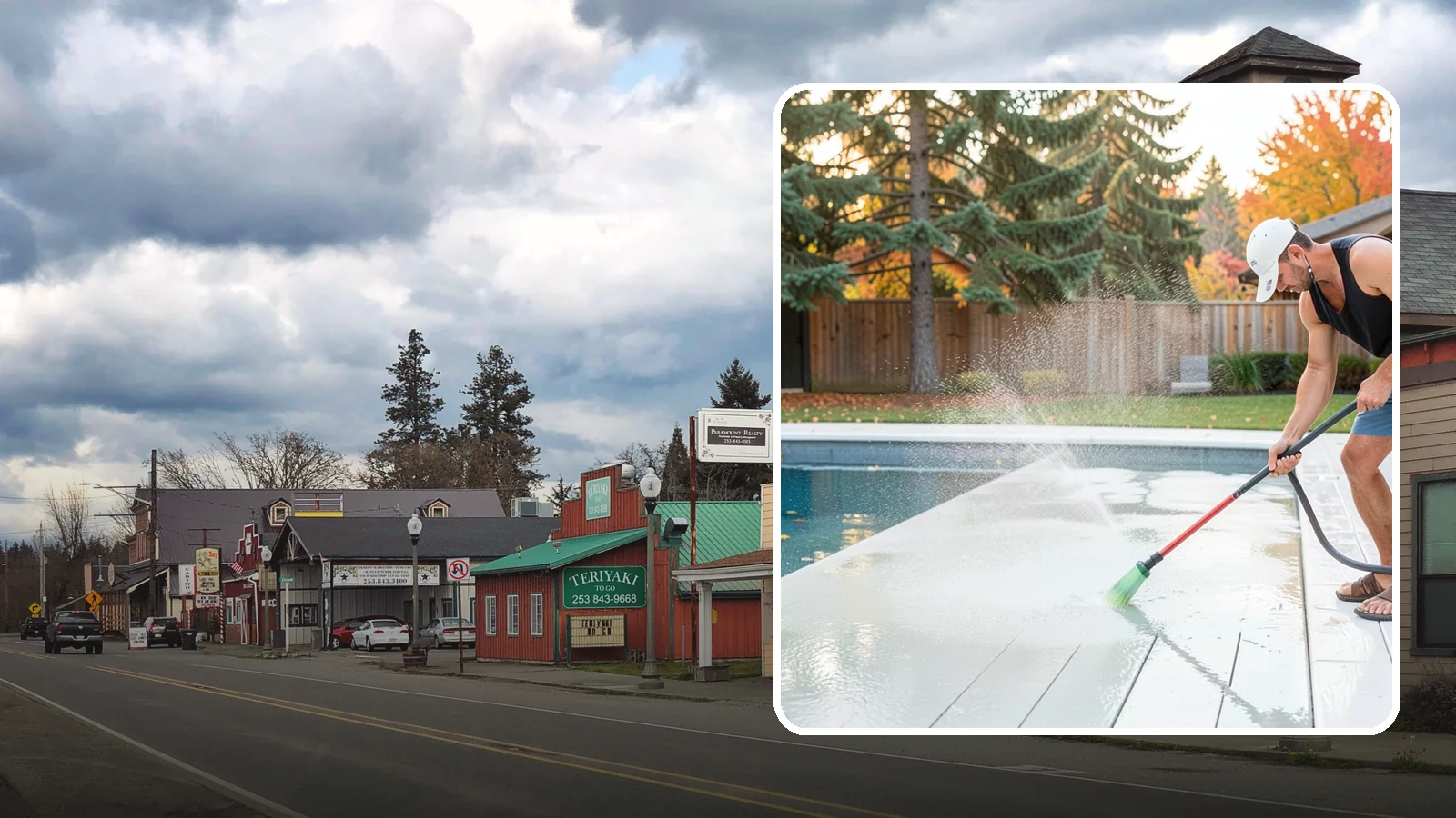 Pool Deck Cleaning in Roy, Pierce County, WA - Clean pool decks and surrounds to remove the slick algae and moss that make wet Northwest decking hazardous.