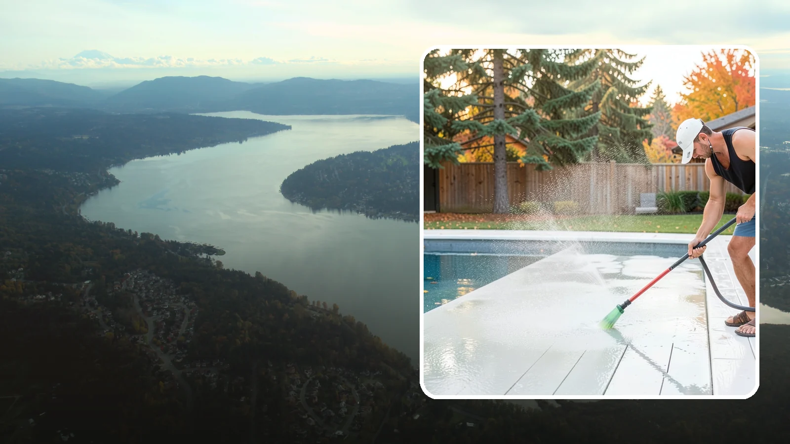Pool Deck Cleaning in Sammamish, King County, WA - Clean pool decks and surrounds to remove the slick algae and moss that make wet Northwest decking hazardous.